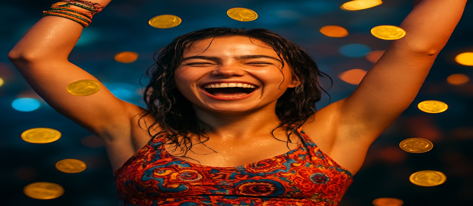 5999bet-এর মুদ্রার ঝরনার মাঝে রঙিন পোশাকে একটি নারী